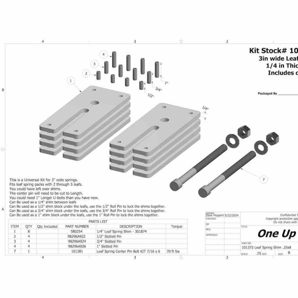 S&B Leaf Spring Shim Kit, 8 Qty 1/4" Shims