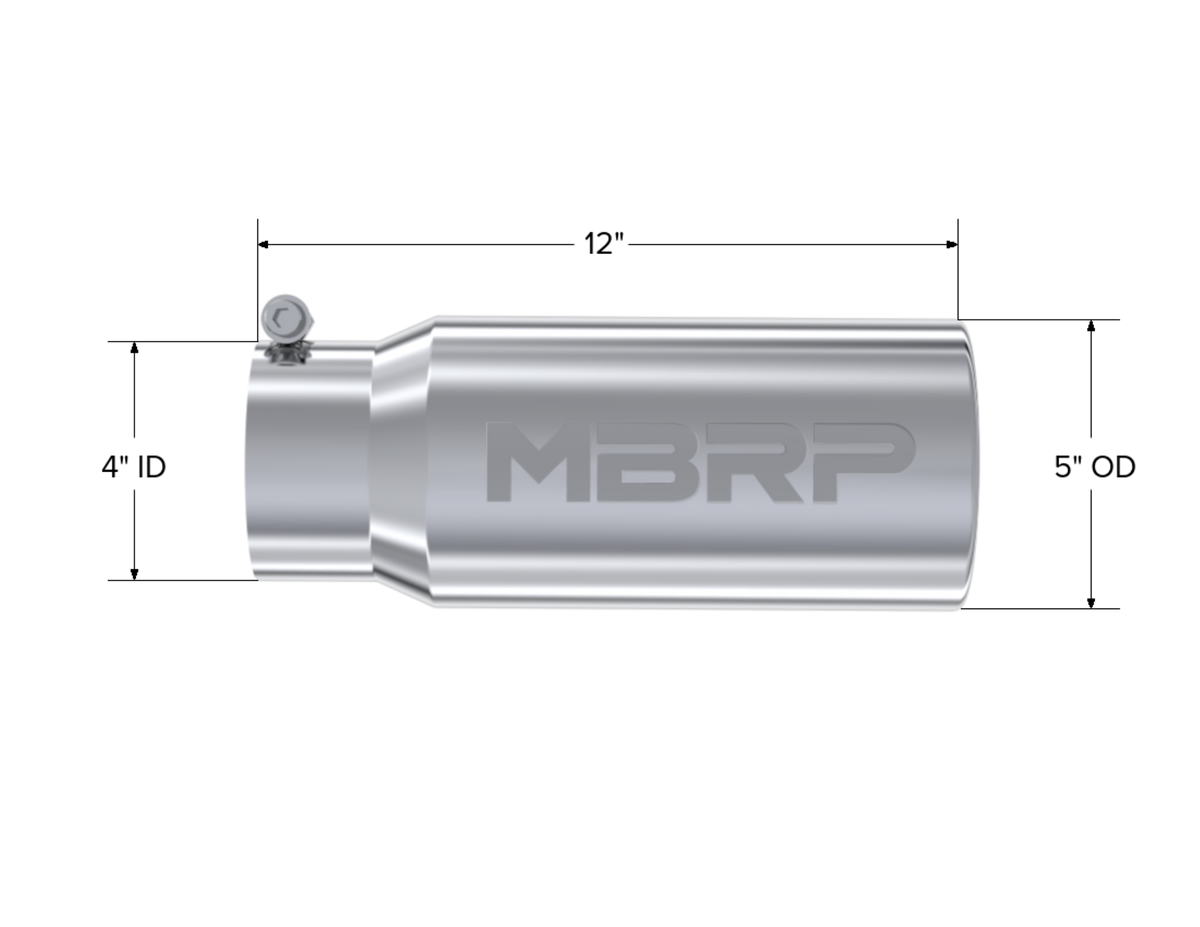 MBRP Tip. 5in. O.D. Rolled Straight 4in. inlet 12in. length. T304. T5050