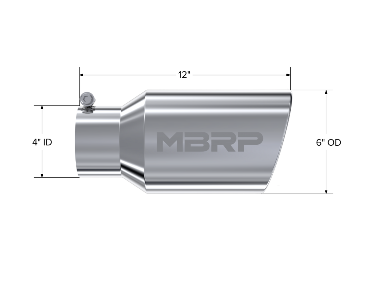MBRP Tip 6" OD. Angled Rolled End. 4" ID. 12" length. T304 Stainless Steel. T5073