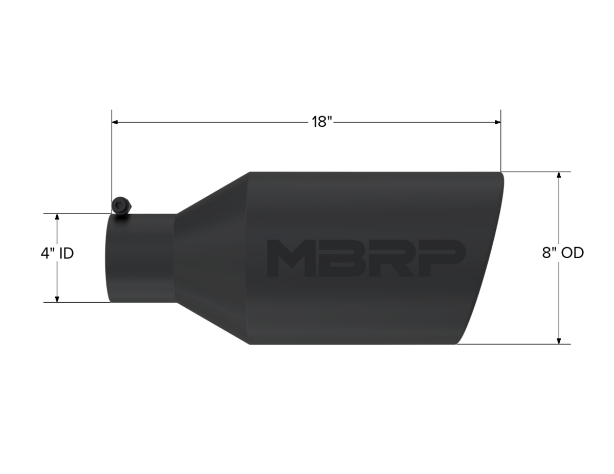 MBRP Tip. 8in. O.D.. Rolled End. 4in. inlet 18in. in length. BLK. T5128BLK