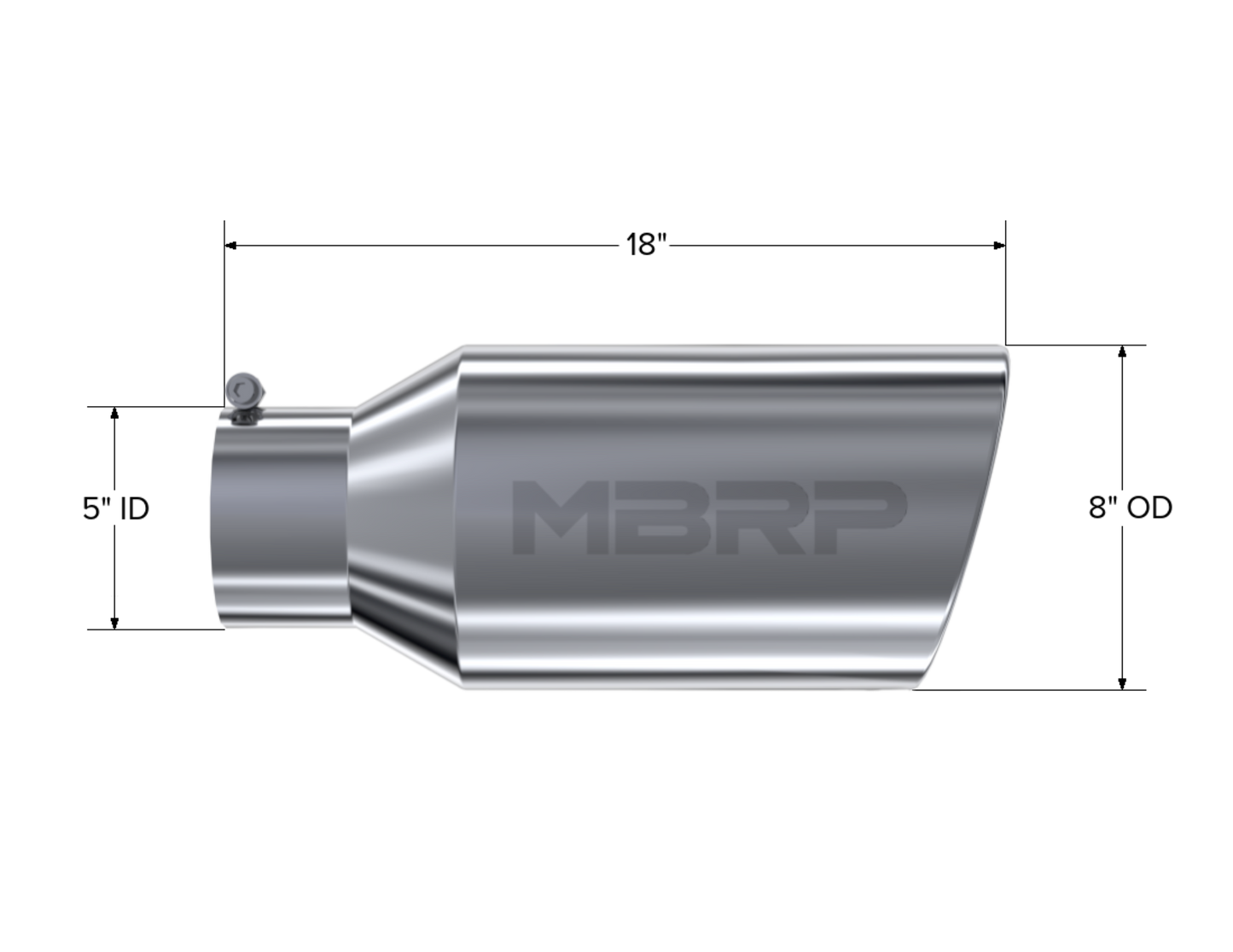 MBRP Tip. 8in. O.D.. Rolled End. 5in. inlet 18in. in length. T304. T5129