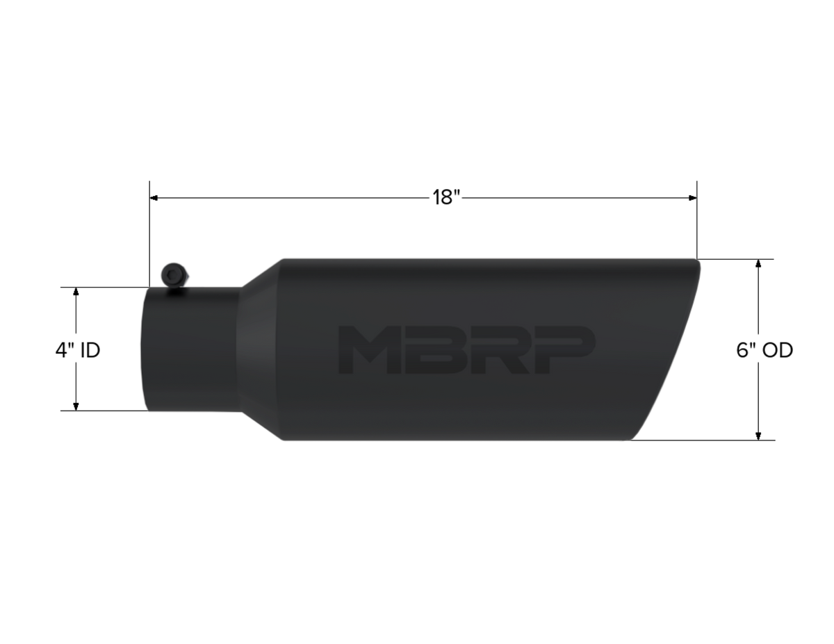 MBRP Tip. 6in. O.D.. Rolled end. 4in. inlet 18in. in length. BLK T5130BLK