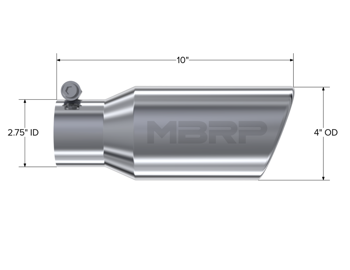 MBRP Tip. 4in. O.D. Angled Rolled End 2 3/4in. inlet 10in. length. T304. T5157