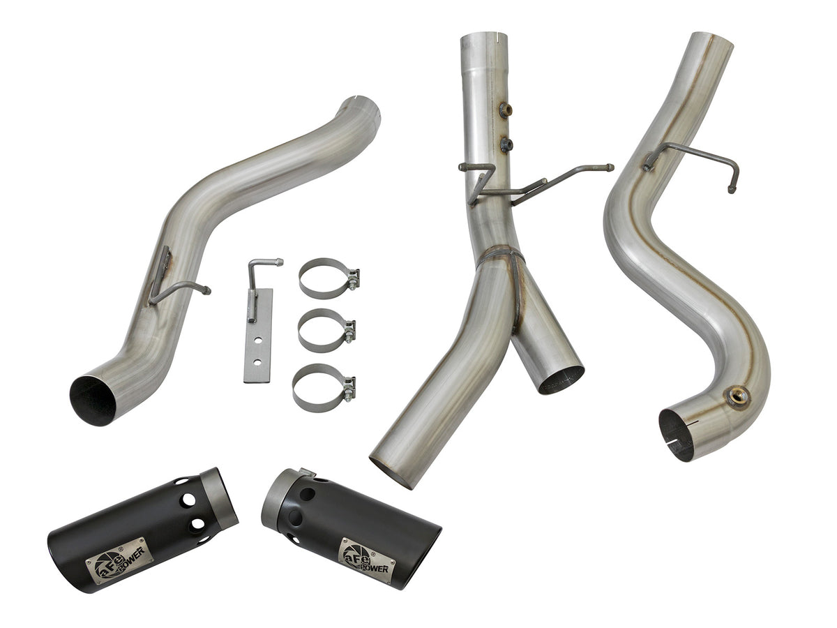 aFe Large Bore-HD 4 IN 409 Stainless Steel DPF-Back Exhaust System w/Dual Black Ti