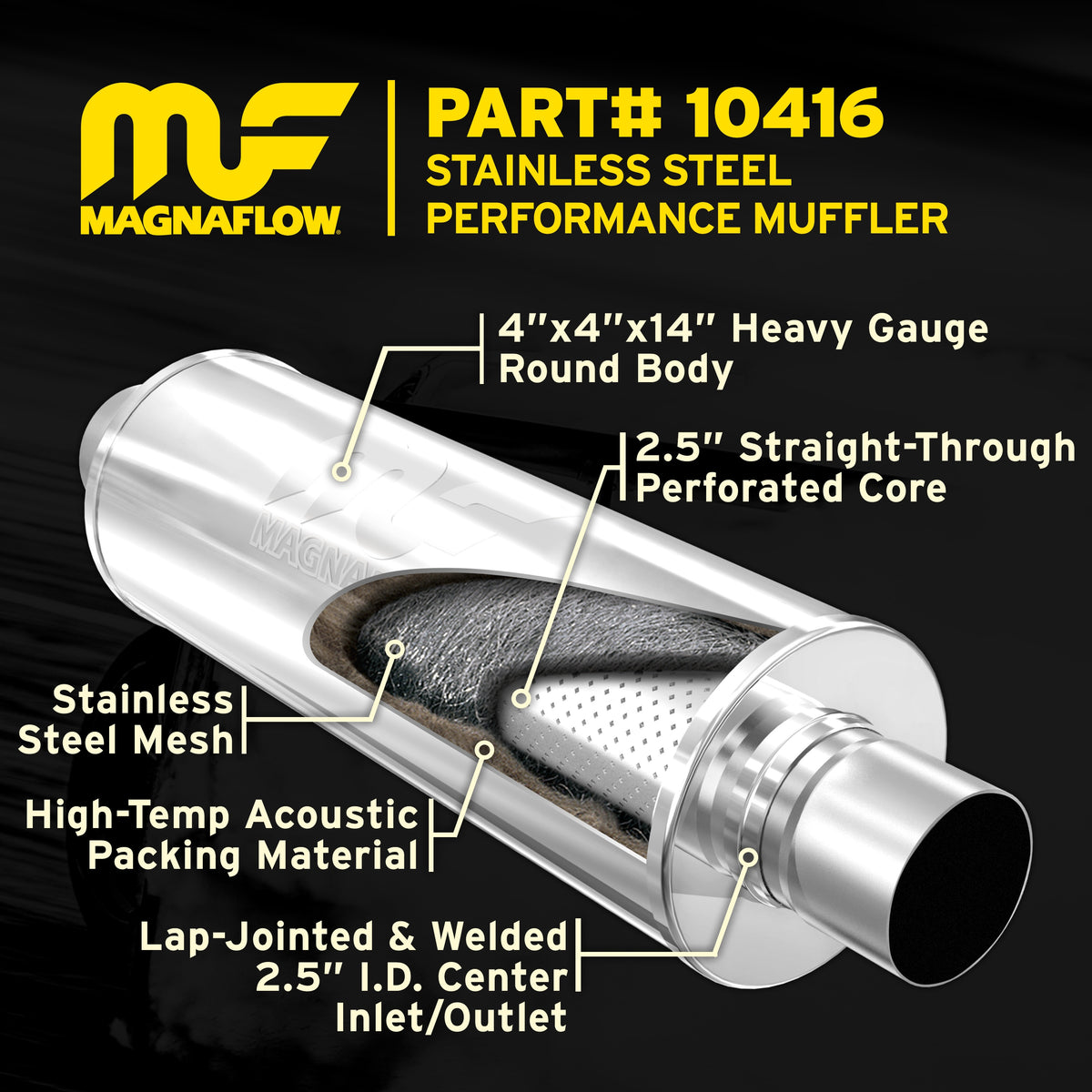 MagnaFlow 2.5 in/2.5 in Center/Center; 4 in x 14 in x 4 in Body Muffler 10416