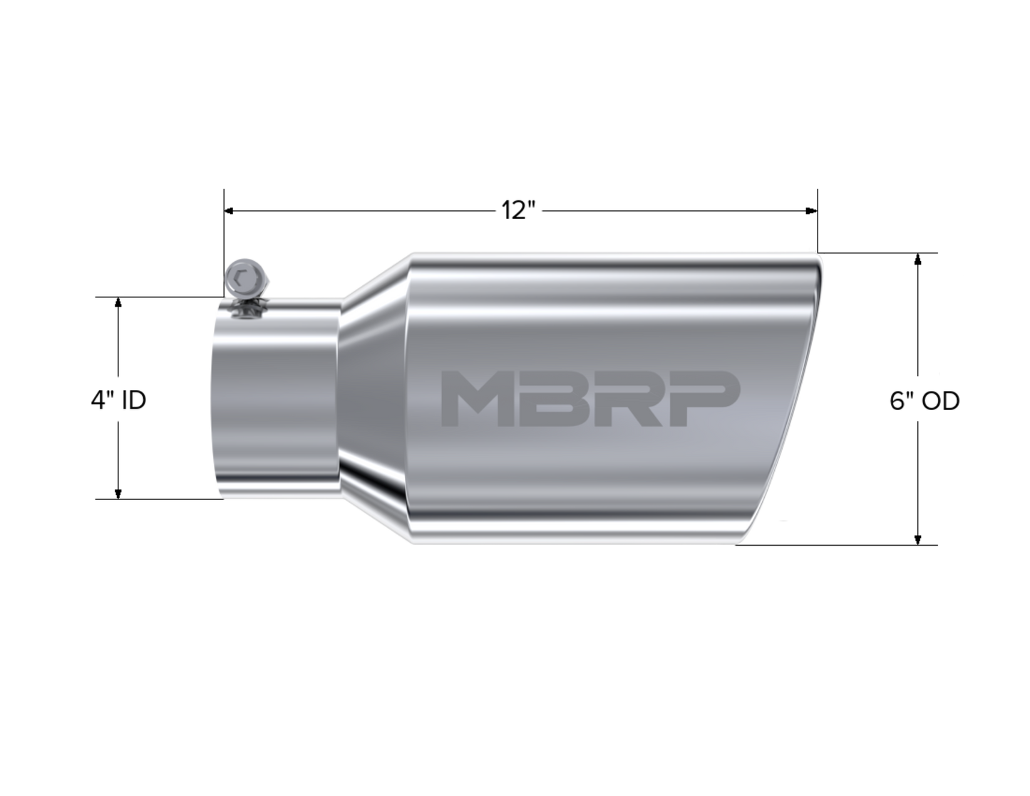 MBRP Tip 6" OD. Angled Rolled End. 4" ID. 12" length. T304 Stainless Steel. T5073