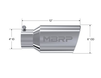 MBRP Tip 6" OD. Angled Rolled End. 4" ID. 12" length. T304 Stainless Steel. T5073