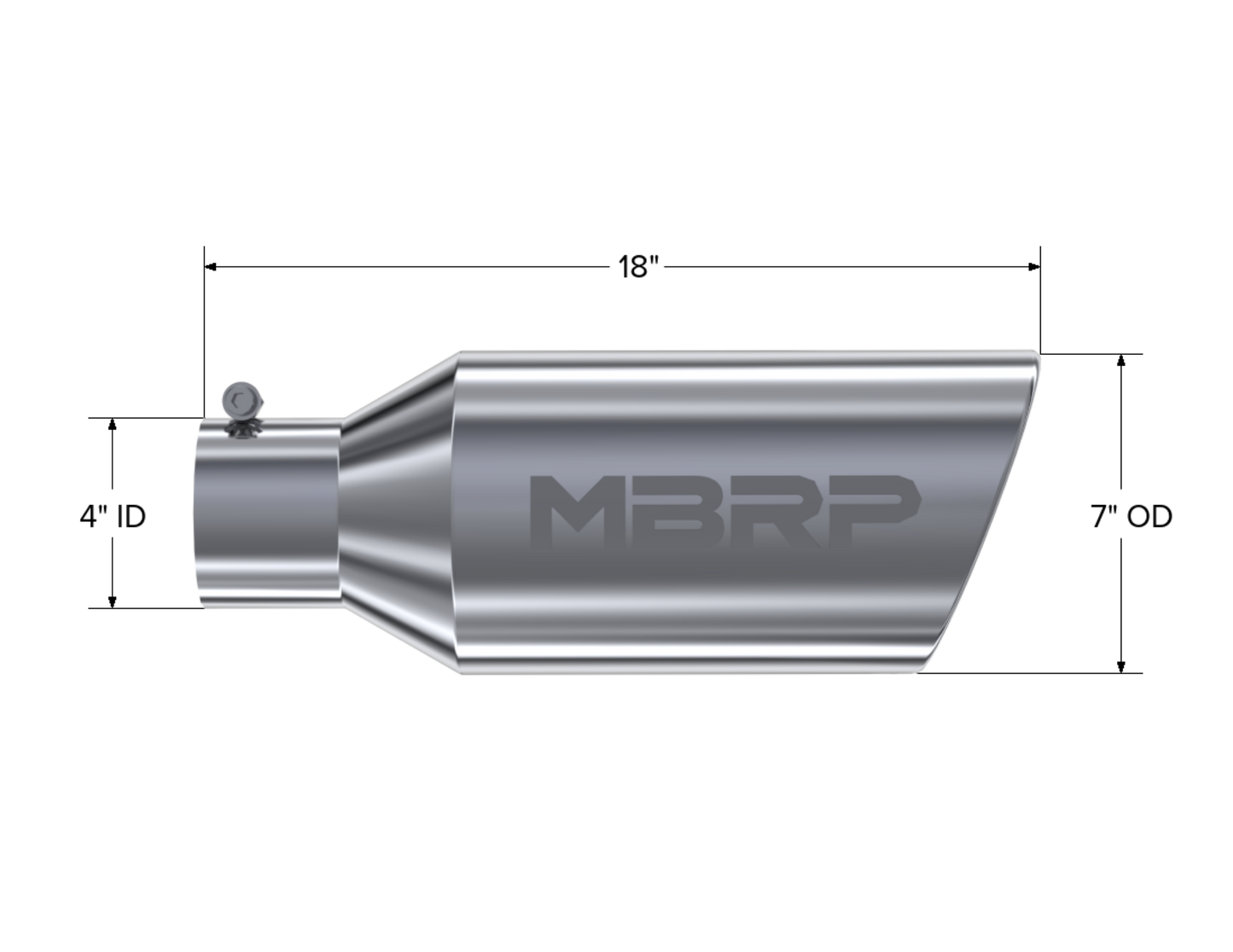 MBRP Tip. 7in. O.D.. Rolled End. 4in. inlet 18in. in length. T304. T5126