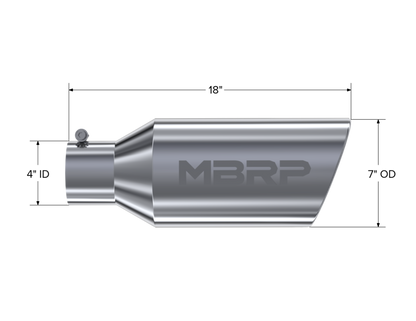 MBRP Tip. 7in. O.D.. Rolled End. 4in. inlet 18in. in length. T304. T5126