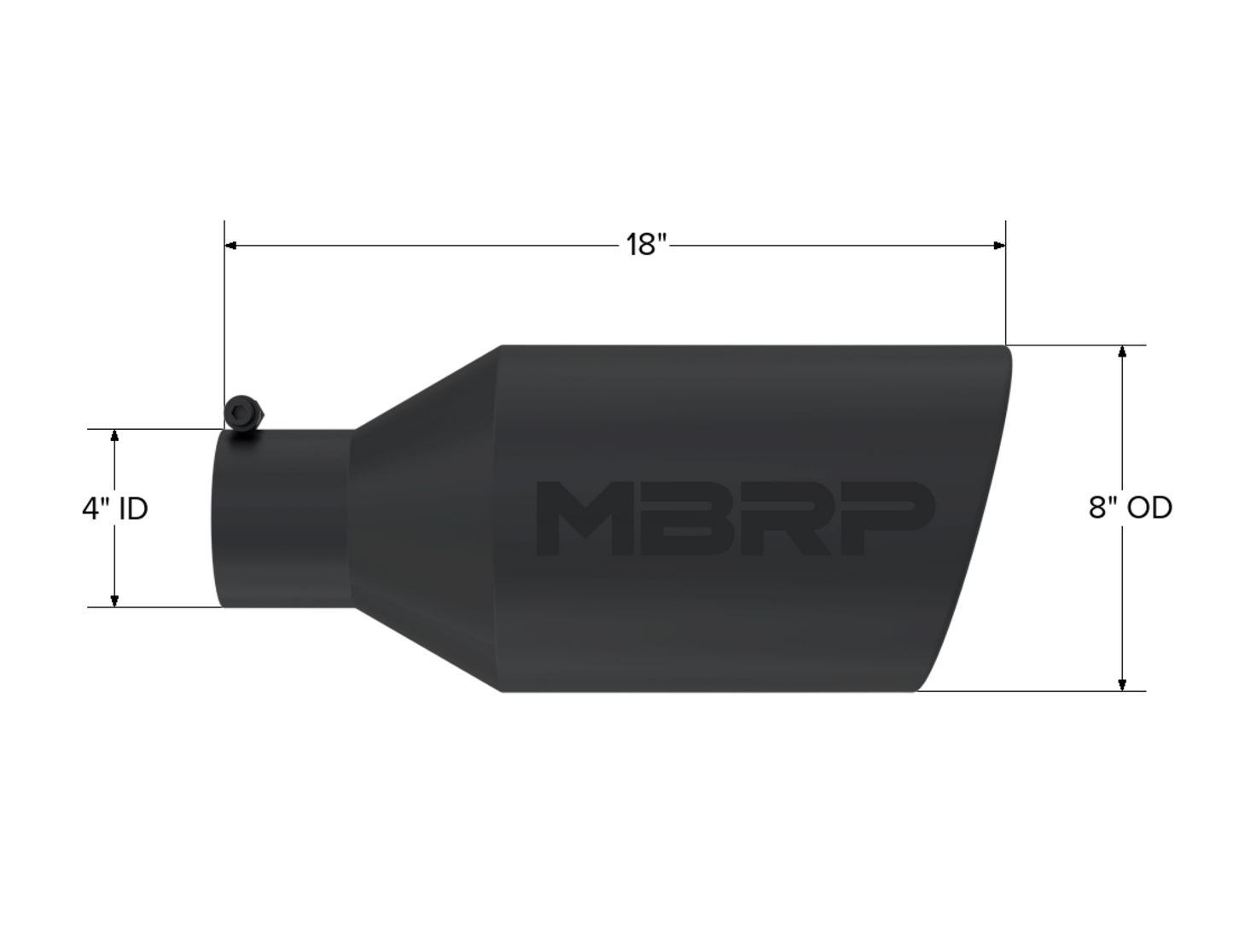 MBRP Tip. 8in. O.D.. Rolled End. 4in. inlet 18in. in length. BLK. T5128BLK