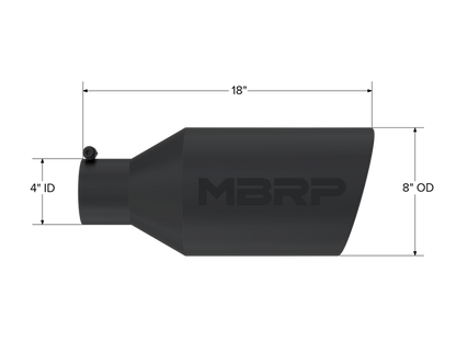 MBRP Tip. 8in. O.D.. Rolled End. 4in. inlet 18in. in length. BLK. T5128BLK