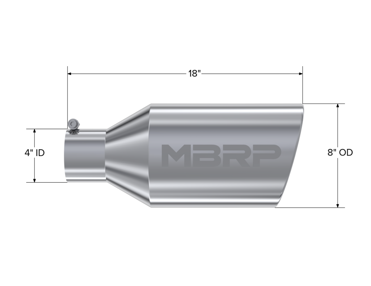 MBRP Tip. 8in. O.D.. Rolled End. 4in. inlet 18in. in length. T304. T5128