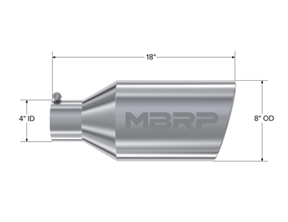 MBRP Tip. 8in. O.D.. Rolled End. 4in. inlet 18in. in length. T304. T5128