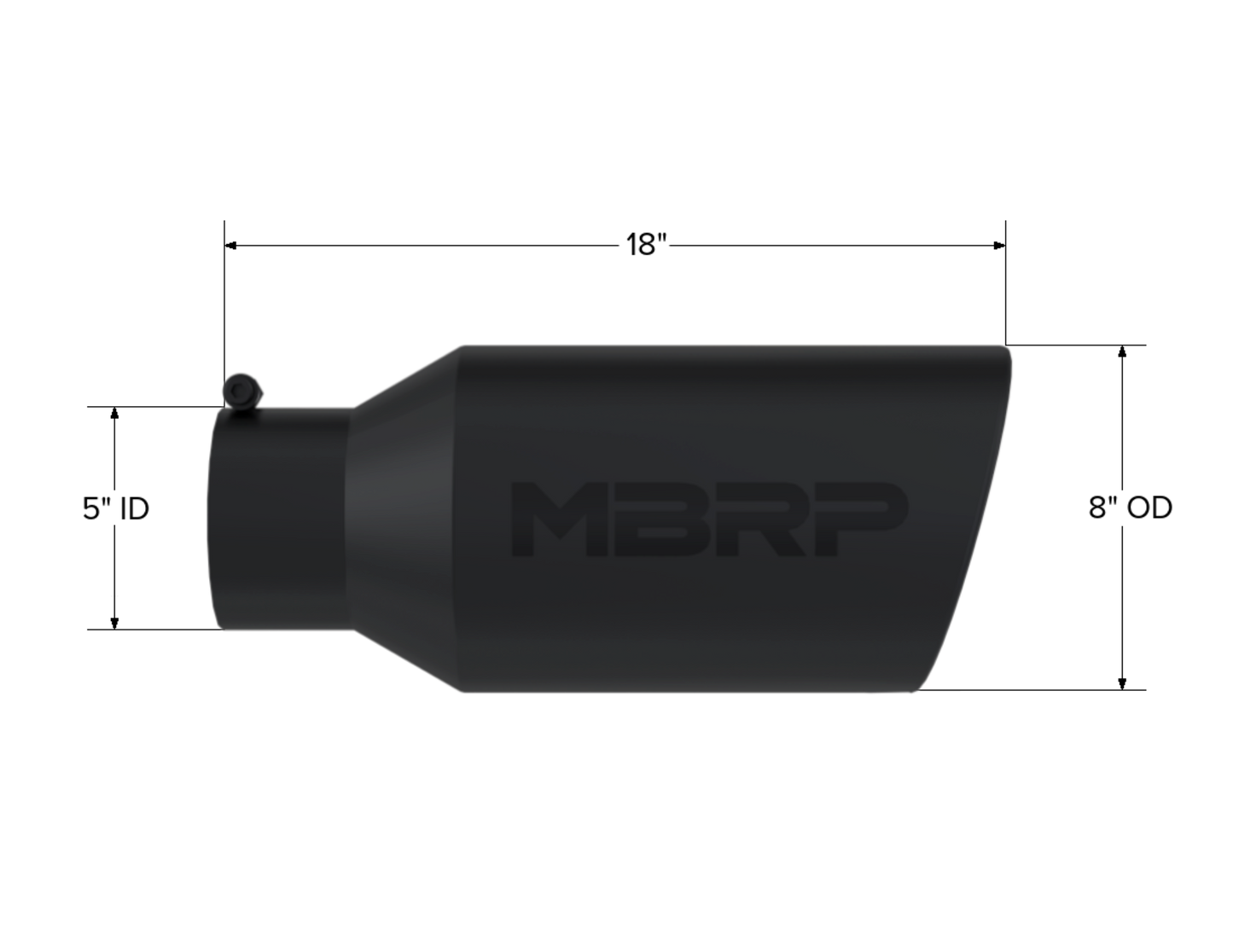 MBRP Tip. 8in. O.D.. Rolled End. 5in. inlet 18in. in length. BLK. T5129BLK