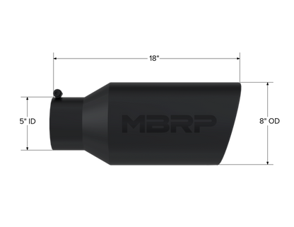 MBRP Tip. 8in. O.D.. Rolled End. 5in. inlet 18in. in length. BLK. T5129BLK