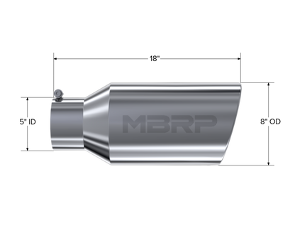 MBRP Tip. 8in. O.D.. Rolled End. 5in. inlet 18in. in length. T304. T5129