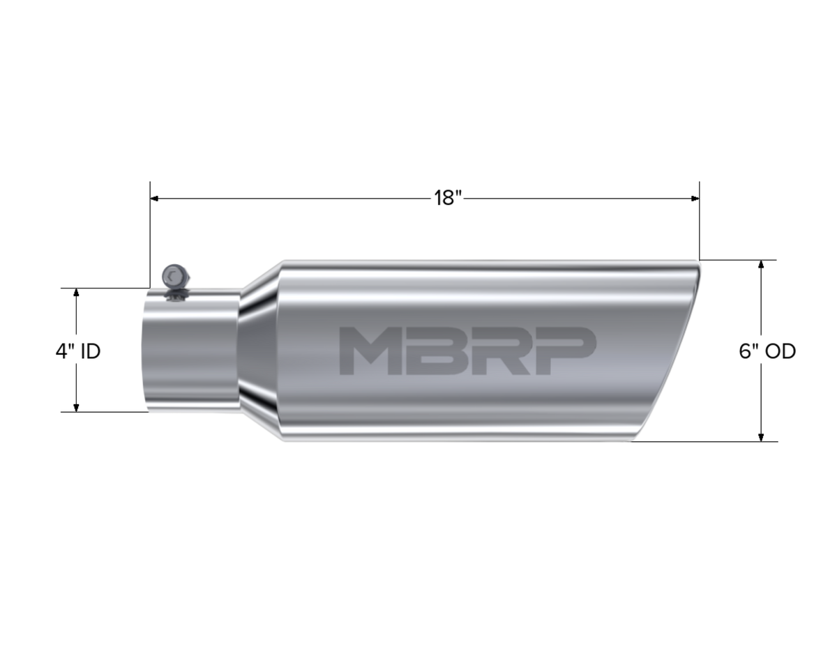MBRP Tip. 6in. O.D.. Rolled end. 4in. inlet 18in. in length. T304. T5130