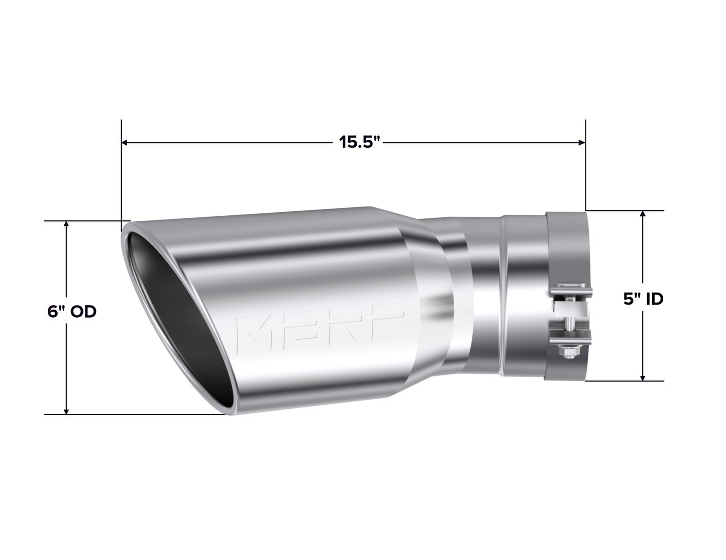 MBRP Tip. 6in OD. 5in Inlet. 15.5in Length. 30° Bend. T304 T5154