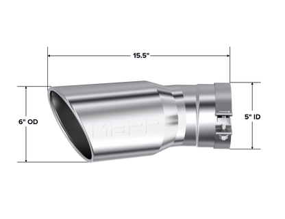 MBRP Tip. 6in OD. 5in Inlet. 15.5in Length. 30° Bend. T304 T5154