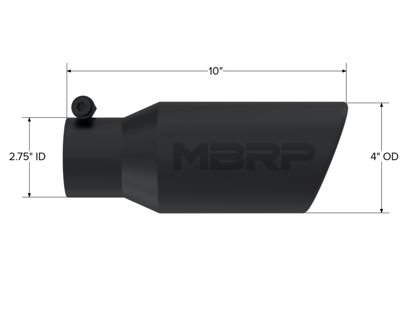 MBRP Tip. 4in. O.D. Angled Rolled End 2 3/4in. inlet 10in. length. BLK. T5157BLK