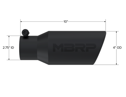 MBRP Tip. 4in. O.D. Angled Rolled End 2 3/4in. inlet 10in. length. BLK. T5157BLK