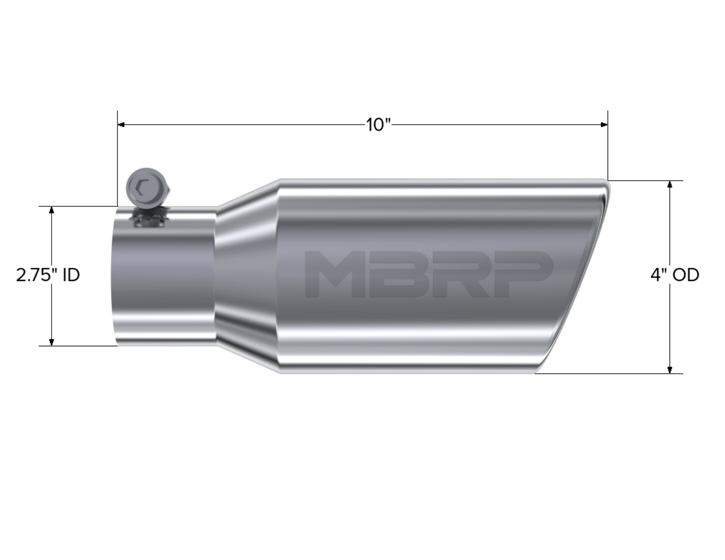 MBRP Tip. 4in. O.D. Angled Rolled End 2 3/4in. inlet 10in. length. T304. T5157