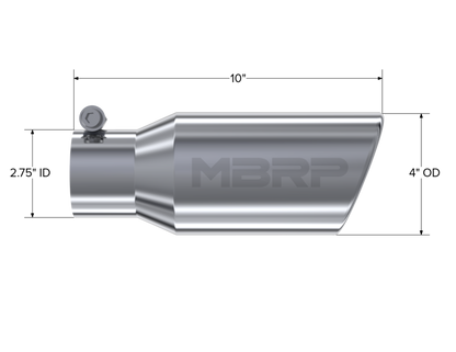 MBRP Tip. 4in. O.D. Angled Rolled End 2 3/4in. inlet 10in. length. T304. T5157