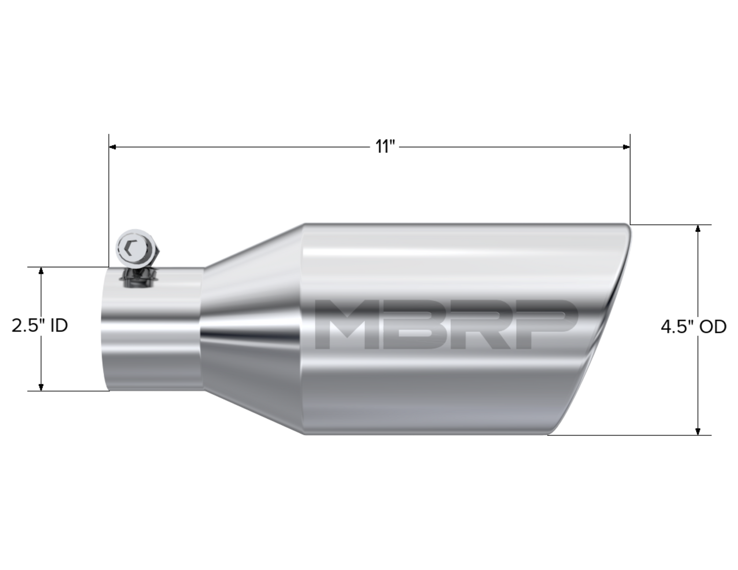 MBRP Tip. 4 1/2in. O.D.. SW Angle Rolled End. 2 1/2in. inlet 11in. in length. T304. T5160