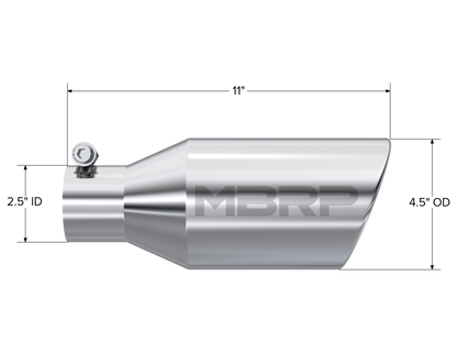 MBRP Tip. 4 1/2in. O.D.. SW Angle Rolled End. 2 1/2in. inlet 11in. in length. T304. T5160