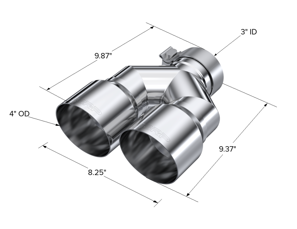 MBRP Tip. 4in. OD Dual Out. 3in. ID. Single Wall. T304 T5182